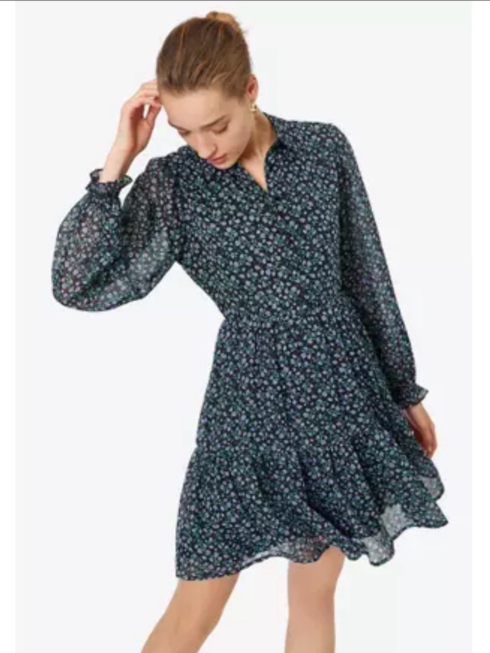 Dark Navy Floral Long-Sleeve Tiered Dress